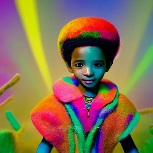 Image similar to a cute little african egyptian princess with a colorful afro, bright colors, synthwave, watercolor, volumetric wool felting, felt, macro photography, children illustration, global illumination, radiant light, detailed and intricate environment, by goro fujita
