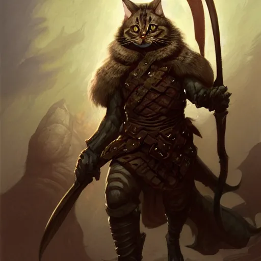 Image similar to ( ( ( full length portrait of a dark tabby tabaxi, halberd, breastplate ) ) ), d & d, tyler jacobson, greg rutkowski, frank frazetta, alexandre chaudret, boris vallejo, michael whelan, miro petrov, magali villeneuve, donato giancola