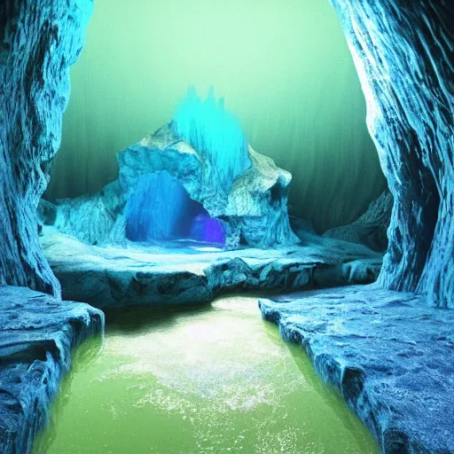 Image similar to a hyper realistic cave with bright blue fungus growing on the walls, radioactive water glows dimly on the ground, hyper detailed, beautiful lighting