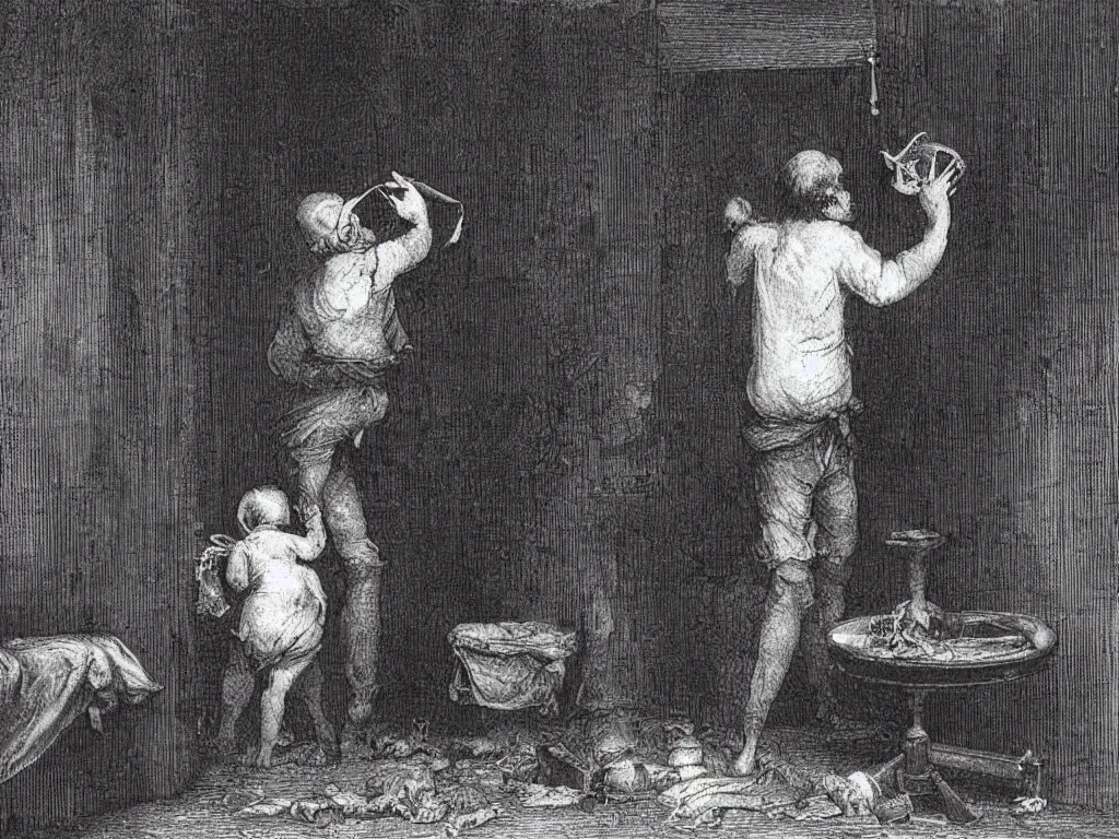 Image similar to a padded cell. filth all over the walls. a man feeding squids to a baby.