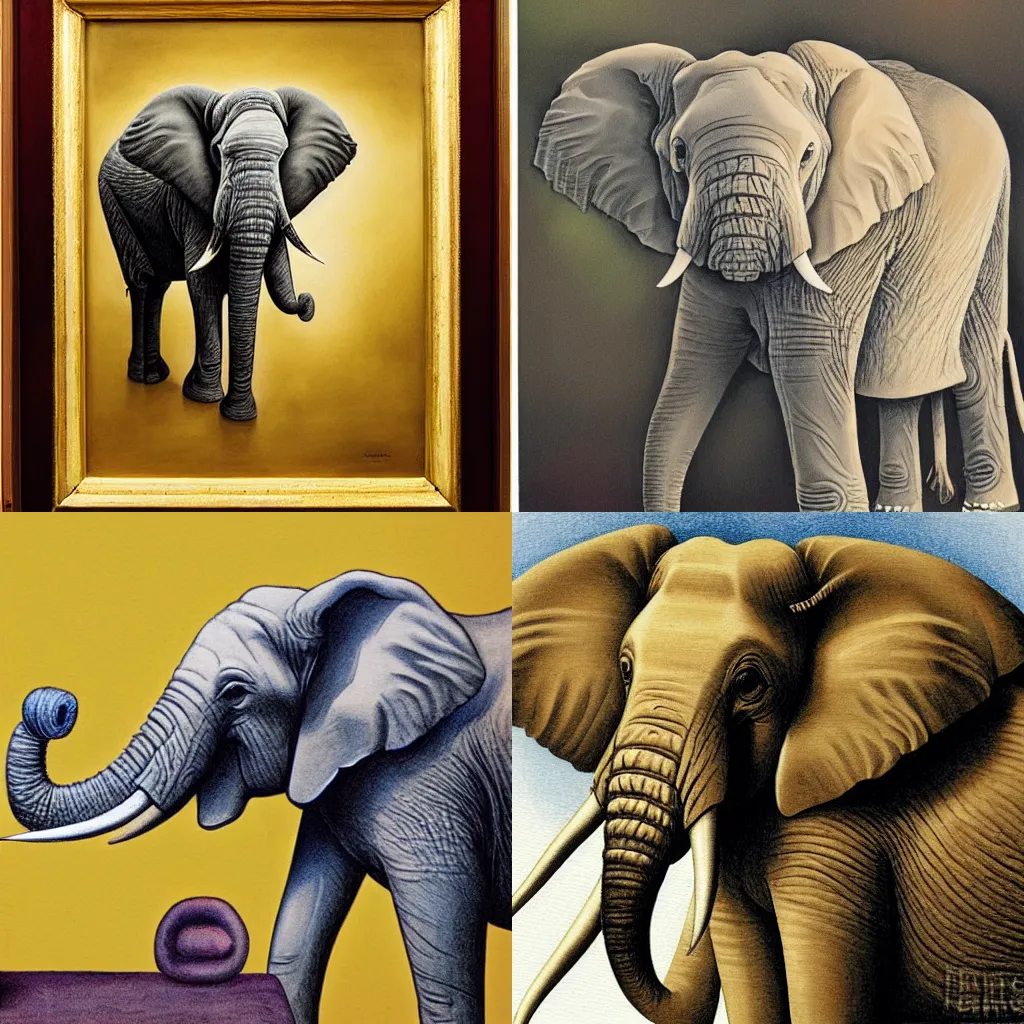 Prompt: award winning illustration of an elephant painting a portrait of the queen