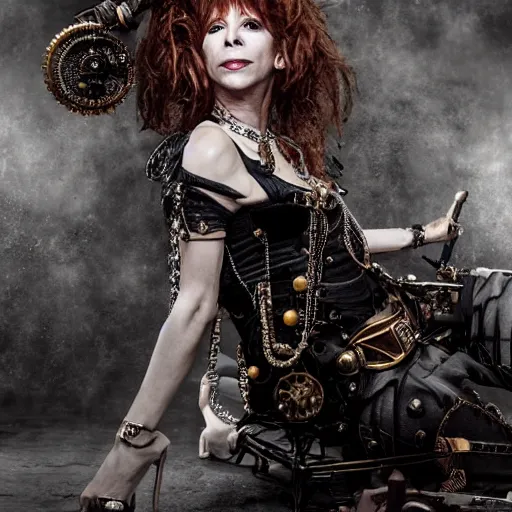 Prompt: a photography of mylene farmer as a steampunk queen by cedric peyravernay