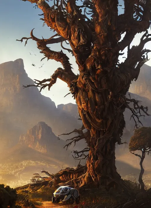 Image similar to hyper realistic robot attacking cape town city beautiful details, gnarly trees, strong composition, poster painted by greg rutkowski, concept art, arcane style, hearthstone wizards of the coast norman rockwell, james gurney and greg rutkowski weta studio, and lucasfilm and best of artstation