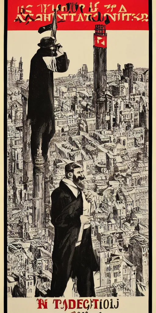 Image similar to 1 9 0 8 capitalism propaganda poster, black and white engraving on antique yellowed paper, with red ink used for emphasis, eastern european look, serious face of leader in the middle of poster, with intricate imagery of buildings and factories and laborers in the background