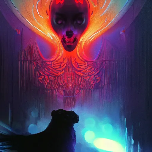 Image similar to phantom starring into the camera, fixed eyes, flowing black coat with glowing neon orange trim, inside a museum, colorful, surreal, dramatic lighting, face, detailed, intricate, elegant, highly detailed, digital painting, artstation,, concept art, smooth, sharp focus, illustration, art by sam spratt, dan mumford, artem demura and alphonse mucha