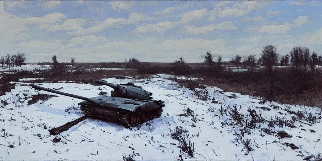 Image similar to “a single destroyed tank languishes in a field, WW2, Eastern front, winter, morning, daybreak, snow, painting by Isaac Levitan”