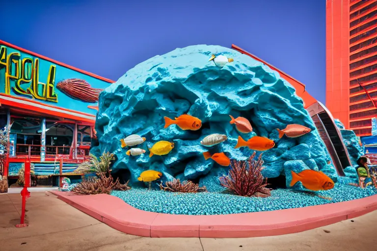 Image similar to 1 9 8 5 crab themed giant aquarium, googie architecture, one point perspective, americana, fishcore, exterior photography, hd 8 k, taken by alex webb