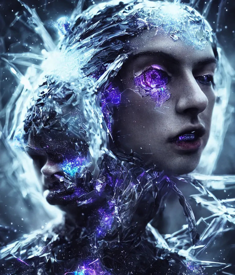 Image similar to impressive entrancing front!! shot photo of a court jester character fine portrait fine portrait mesmerizing caustics hyper cubes platinum cracked dark future hyper dimensional space galactic crystal nebula edges elegant detailed intricate concept artstation sharp focus ray tracing cinematic masterpiece temporal corruption beeple wlop germ 8 4 k scifi glossy hyper realistic illustration canon eos r 3 fujifilm x - t 3 0 sony alpha