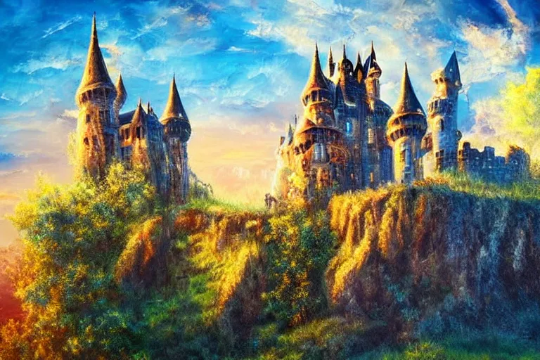 Image similar to castle, fantasy, painting, ultra realistic!!!, clear weather, golden hour, sharp focus