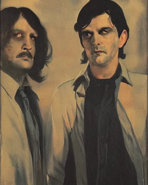 Prompt: two beautiful but sinister men wearing oxford shirts in layers of fear, with haunted eyes and dark hair, 1 9 7 0 s, seventies, wallpaper, a little blood, moonlight showing injuries, delicate embellishments, painterly, offset printing technique, by brom, robert henri, walter popp