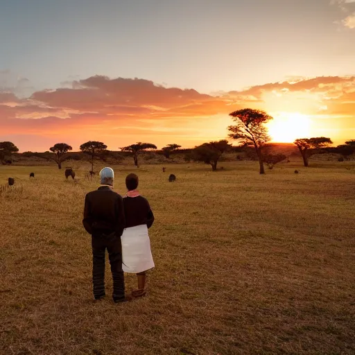 Image similar to a couple of a man and a woman dressed in goyesques looking back at the african savannah at sunset. in the background on the left the ship enterprise approaches. national geographic photography style.