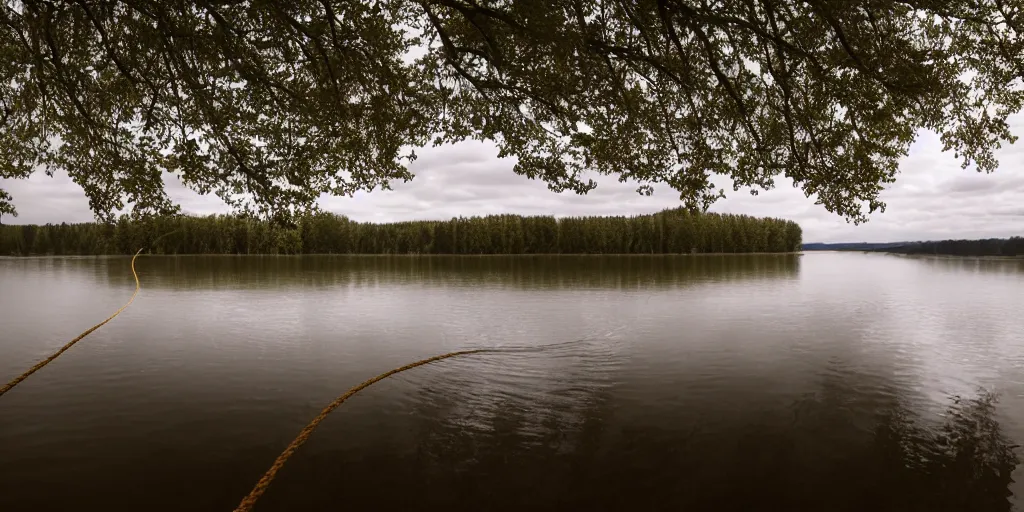 Image similar to centered photograph of a infinitely long rope zig zagging snaking across the surface of the water into the distance, floating submerged rope stretching out towards the center of the lake, a dark lake on a cloudy day, color film, trees in the background, hyper - detailed photo, anamorphic lens