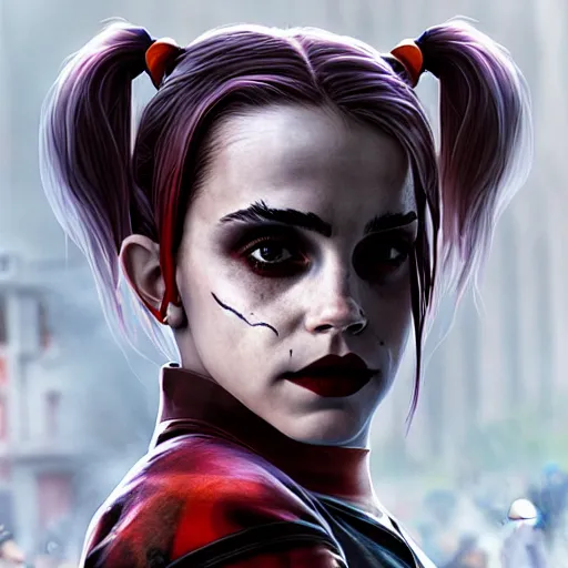 Prompt: A badass and beautiful photo of emma watson as Harley Quinn by nuri iyem, james gurney, james jean, greg rutkowski, anato finnstark. hyper detailed, 50mm, award winning photography.