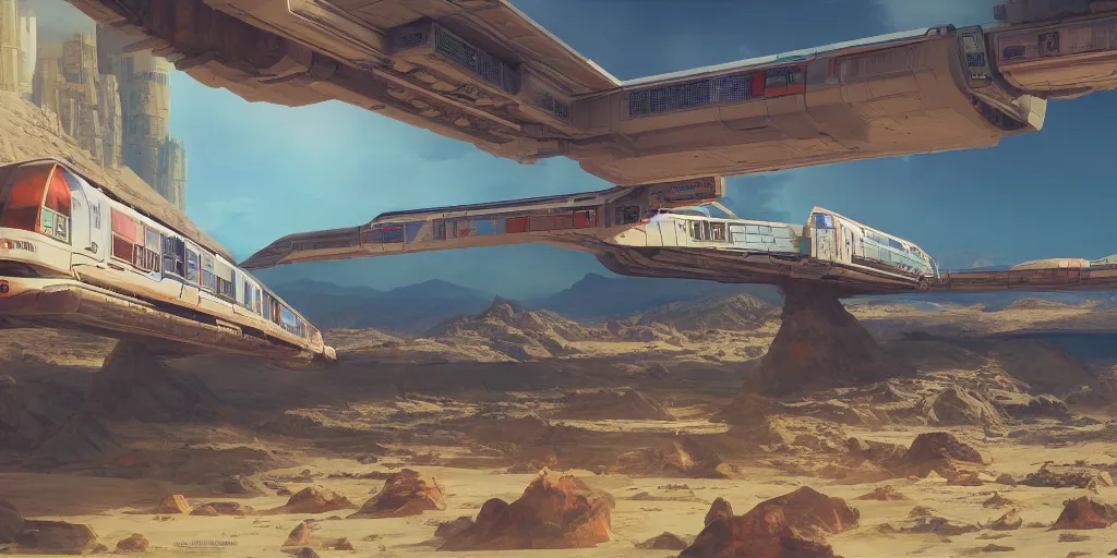 Prompt: concept art monorail shonan in martian landscape, brutalism, colorful, syd mead, 4 k resolution, octane render, intricate, ultra detailed, medium full shot, volumetric lighting, cinematic lighting + masterpiece,