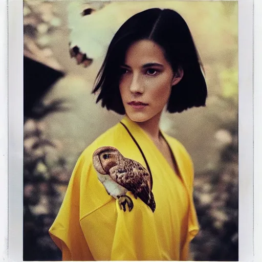 Image similar to head to shoulder portrait Polaroid film photograph of an elegant top model wearing a yellow kimono with a very detailed barn owl on her shoulder!!! in a tropical greenhouse. looking at the camera!!. super resolution. Polaroid 600 film. art by Alessio albi and john william waterhouse and Annie Leibovitz.