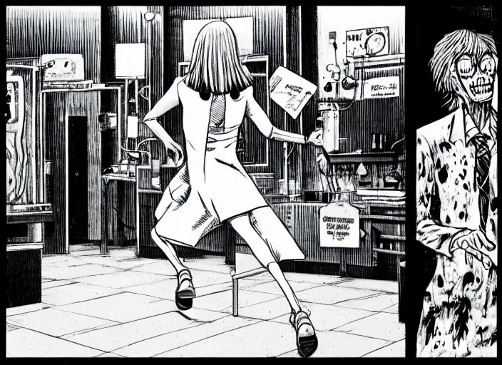 Prompt: a blond woman running away from a zombie in a laboratory by junji ito