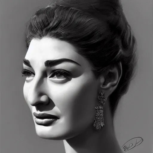 Prompt: Beautiful Maria Callas, closeup character portrait art by Donato Giancola, Craig Mullins, digital art, trending on artstation, highly detailed, high solution, symmetric face