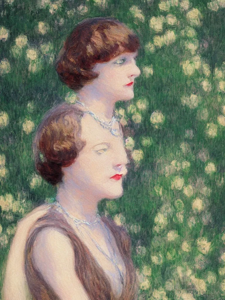 Image similar to portrait of < zelda fitzgerald > as a beautiful young lady wearing 1 9 2 0 s fashion, blurry face, brown hair, slim, fair, severe out of focus, depth of field, pleinairism, in the sun, backlit, closeup, oil on canvas, atr by monet, in the style of le promenade, smooth, impressionnisme, 8 k