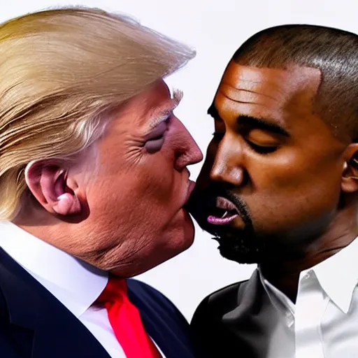 Image similar to donald trump kissing kanye west with tongue, kim kardashian crying in the background