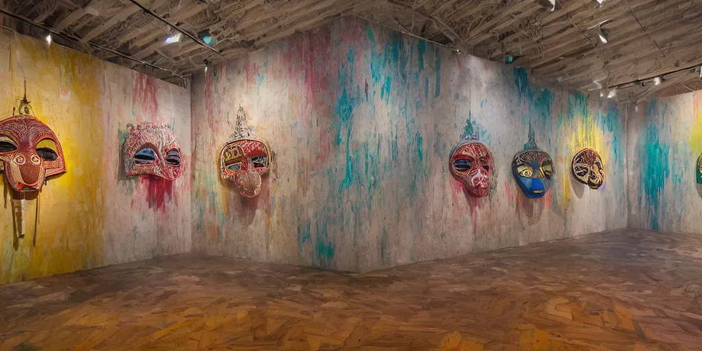 Image similar to A hyper realistic photography of an exhibition space with indigenous masks and dripping colors on the wall