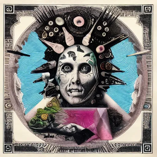 Image similar to post - punk new age album cover, asymmetrical design, dollar bank notes, capitalism, magic, apocalypse, psychedelic, black white pink, magic, giger h. r., giuseppe arcimboldo