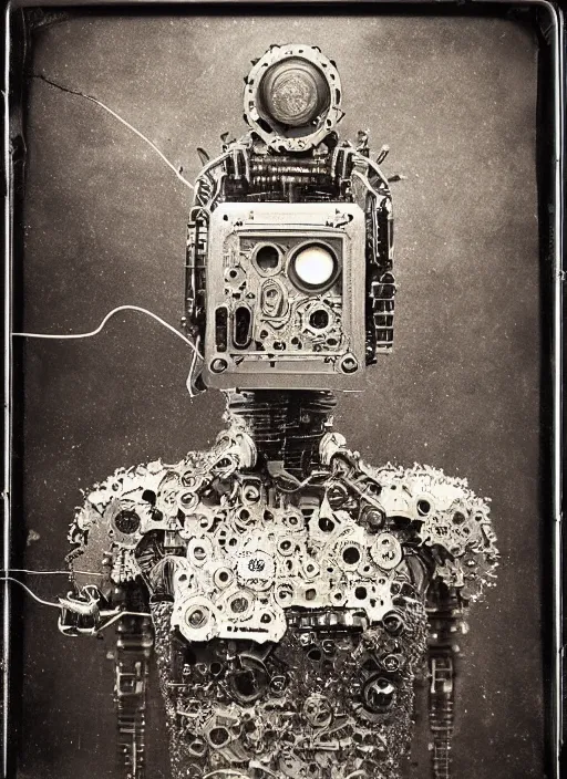 Image similar to old wetplate daguerreotype portrait of futuristic cyborg robot made from small screws and electrical wire, explosion of data fragments, fractal, intricate, elegant, highly detailed, parallax, leica, medium format, subsurface scattering, by jheronimus bosch and greg rutkowski and louis jacques mande daguerre