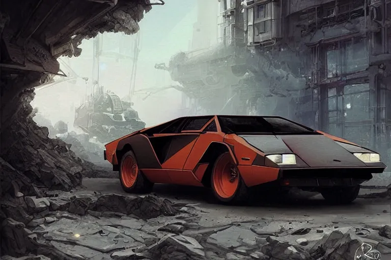 Image similar to dieselpunk countach, highly detailed, digital painting, artstation, concept art, sharp focus, illustration, art by raphael lacoste and greg rutkowski