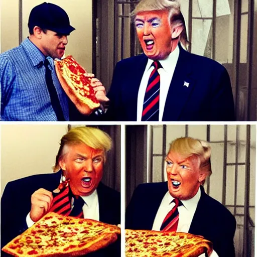 Image similar to Batman eating pizza, with Donald Trump, photograph, candid photo