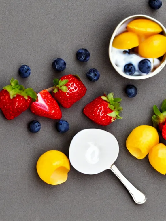 Prompt: miniature diorama of yogurt with spoon with fruits colorful