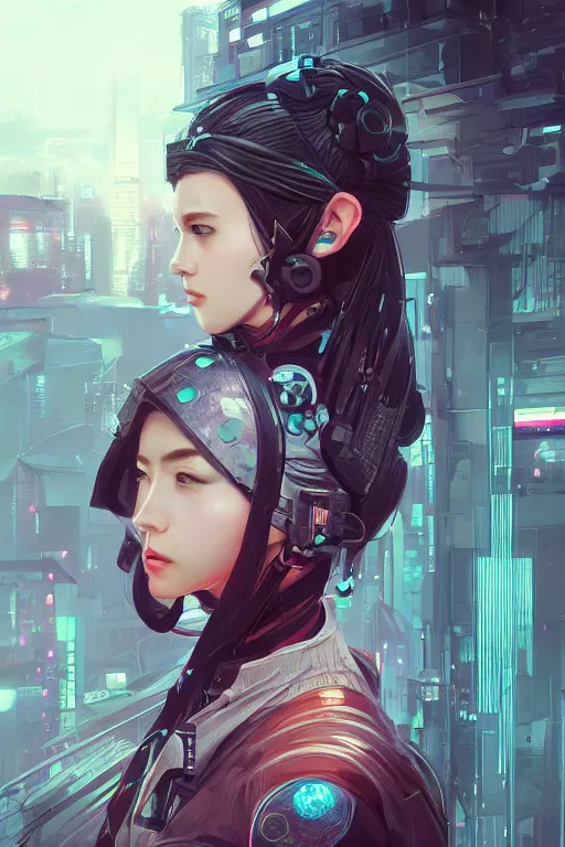 Image similar to portrait futuristic Ninja Girl, in future cyberpunk tokyo rooftop , ssci-fi, fantasy, intricate, very very beautiful, elegant, neon light, highly detailed, digital painting, artstation, concept art, smooth, sharp focus, illustration, art by WLOP and tian zi and alphonse mucha