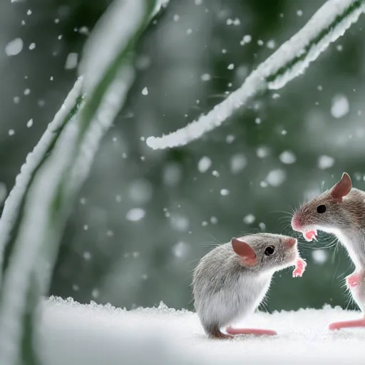 Image similar to 2 mice dancing in the snow, white and grey, green trees, award winning macro shot, in focus, national geographic