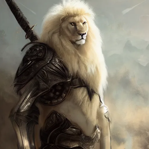 Image similar to a beautiful award winning commission of a male anthro albino lion dressed in skyrim armour,digital art,art by greg rutkowski,character design by charles bowater,ross tran,photorealistic,highly detailed,detailed face,4k,dramatic,deviantart,artstation