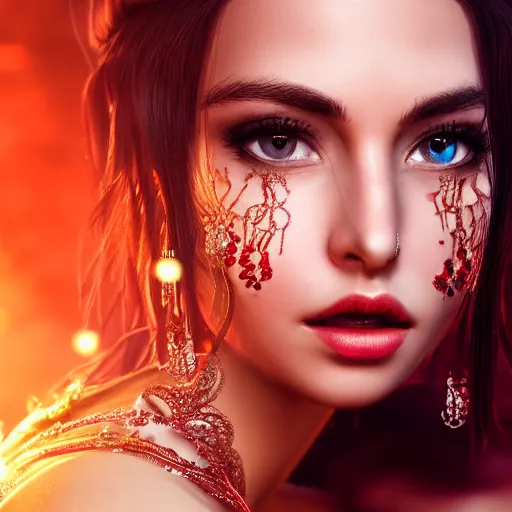 Image similar to wonderful princess with smooth fair skin, alluring eyes, red jewelry, breathtaking, elegant, intricate, hyper detailed, accent lighting, 4 k glamour photography, octane render