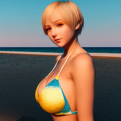 Prompt: Render of a very beautiful 3d anime girl, short blond hair, hazel eyes, cute freckles, full round face, short smile, bikini, golden hour, serene beach setting, medium shot, mid-shot, highly detailed, trending on Artstation, Unreal Engine 4k