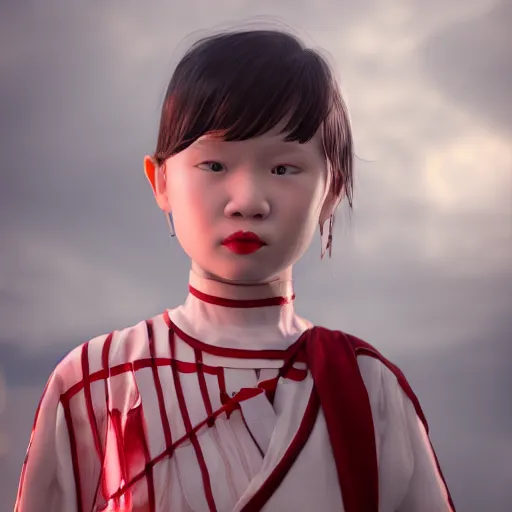 Image similar to 1900s beautiful albino Asian girl kid , unreal engine octane, red and white, portrait, gliter, depth of field, 8k, hyper detailed, tending on artstation