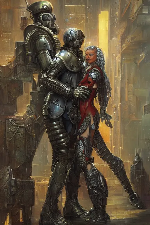 Image similar to a painting of a man in armor holding a woman, cyberpunk art by greg staples and by thomas blackshear and by michael whelan, cgsociety, fantasy art, dystopian art, androgynous, poster art