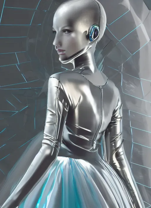 Image similar to an early 0 0's aesthetic digital portrait of a futuristic cyber beautiful girl detailed features wearing a latex wedding dress with a puffy skirt designed by issey miyake artstation, realistic by ichiro tanida and armin vit