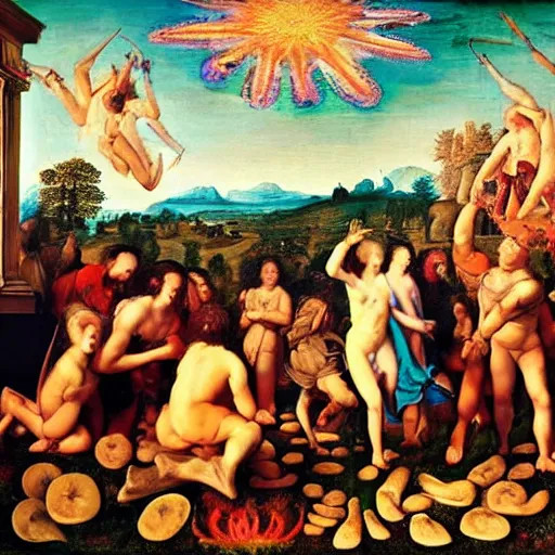 Image similar to Psychedelic Mushroom gathering, renaissance masterpiece