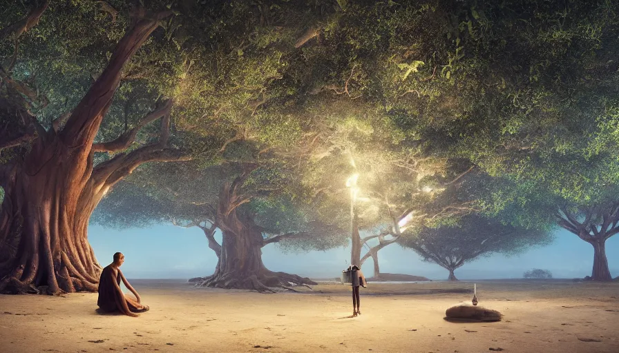 Prompt: very very small mannequin robot, sitting on a gigantic banyan tree in moonlit socotra island by ilya kuvshinov, starry night, rtx rendering, octane render 1 2 8 k, maya, extreme high intricate details by tom bagshaw, medium shot, close up shot, composition by sana takeda, lighting by greg rutkowski