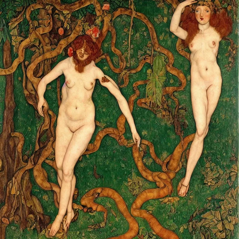 Prompt: a dryad venus, transforms herself into a snake. around her are tropical birds and orchids. painted by jan van eyck, egon schiele and max ernst, trending on artstation, 8 k, award winning