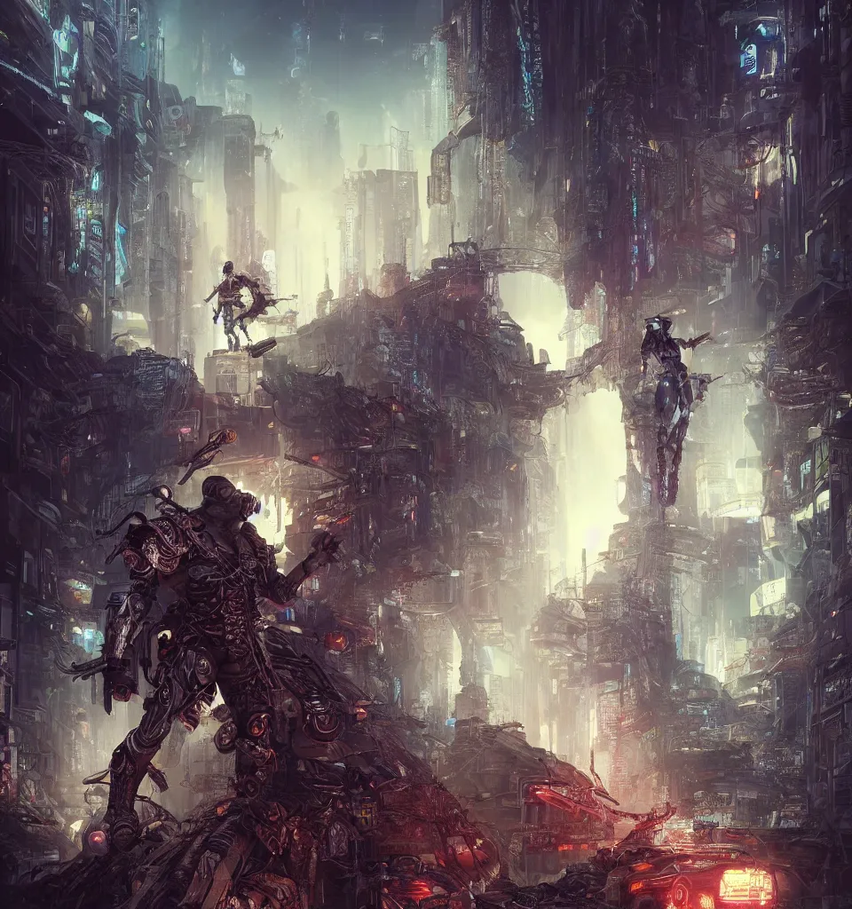 Image similar to cyberpunk gladiator, cinematic, highly detailed, octane render, cg, rich cinematic atmosphere, perfect digital art, mystical journey in strange world, Mystical, cyberpunk, tech war, sci-fi, surreal, glowing lights, sharp focus, high detailed, by Akihiko Yoshida, michael whelan and Karol Bak