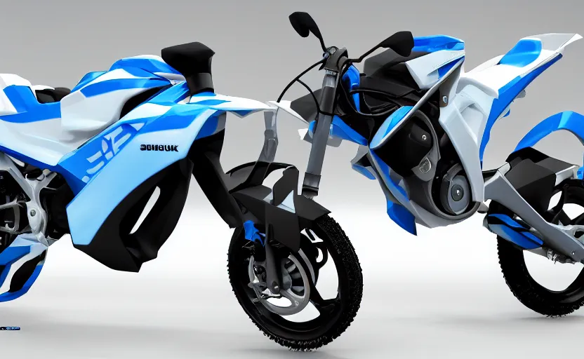 Prompt: futuristic suzuki, dakar motorbike, designed by professional artist, fog, industrial design, northen lights background, brushed white and blue paint, black wheel rims, hard surfaces modelling, show room scene, dramatic lighting, hyper realistic rendering, octane, depth of field, bokeh effect, 1 5 0 mm, 4 k