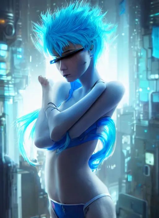 Image similar to beautiful young cyberpunk girl with blue hair, blue eyes, au naturel, holding her hands out, digital art, trending in artstation, cinematic lighting, studio quality, smooth render, fluorescent skin, unreal engine 5 rendered, octane rendered, art style by klimt and nixeu and ian sprigger and wlop and krenz cushart