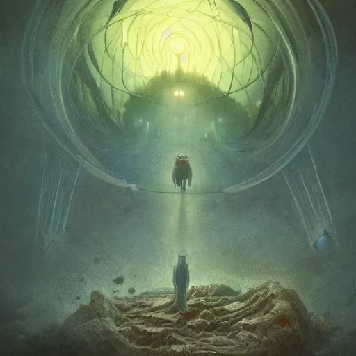 Image similar to fractal tardigrade!!! terror and horror painting tardigrade!!! descending onto an alcoholic earth, by greg rutkowski and studio ghibli, inspired by zdzisław beksinski, cinematic, atmospheric, dramatic colors, dawn.