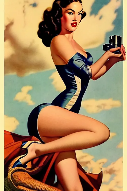 Image similar to beautiful megan fox retro future varga girl, windblown dark hair, retro pinup model, seductive, 1 9 4 0, glamour pose, intricate, hyper detailed, digital art, smooth, sharp focus, alberto vargas, gil elvgren, greg rutkowski