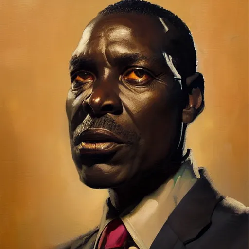 Image similar to Greg Manchess portrait painting of a skinny 50 year old African businessman character, villain, medium shot, athletic, asymmetrical, profile picture, Organic Painting, dramatic light, matte painting, bold shapes, hard edges, street art, trending on artstation, by Huang Guangjian and Gil Elvgren and Sachin Teng