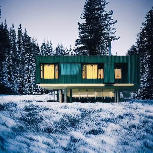 Image similar to wes anderson style modern futuristic house near the lake, snowy mountains and green forest, cinematic, realism, photo, detailed