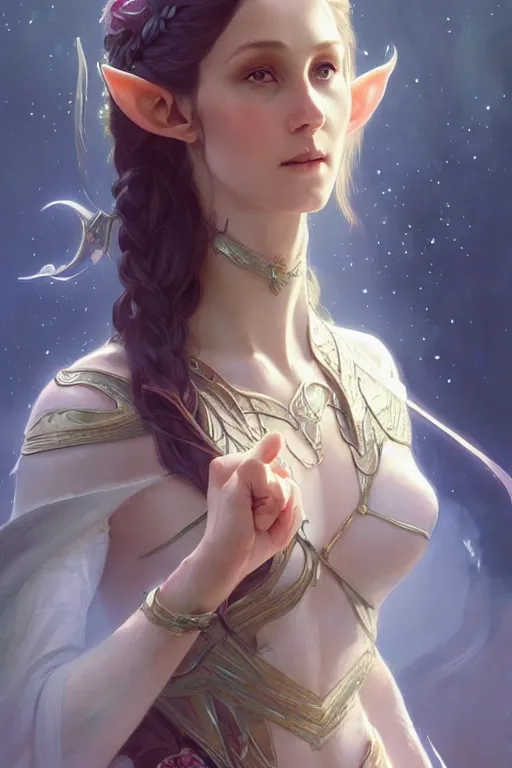Image similar to beautiful elven princess, accurate anatomy, only two hands, highly detailed, digital painting, artstation, concept art, smooth, sharp focus, illustration, oil painting, 8K, art by ross tran and greg rutkowski and alphonse Mucha