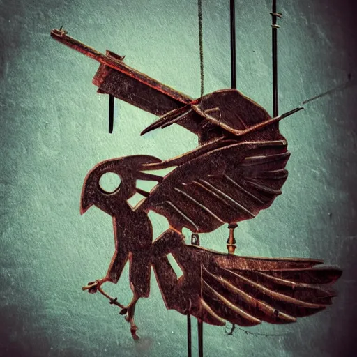Prompt: a bird that is repairing one of its wing with metal, realistic, steampunk, 4 k