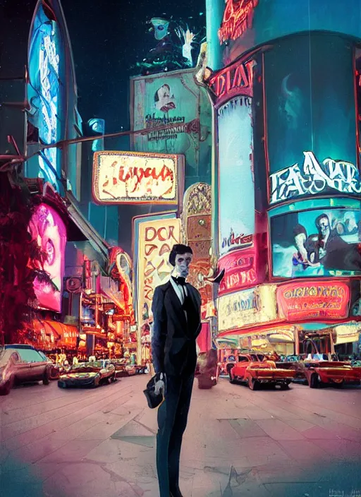 Image similar to 35mm kodak portra portrait a vampire on the Las Vegas strip at night by tomer hanuka and tom bagshaw, handsome face, hyper realism, high detail, octane render, 8k, trending on artstation, CGsociety, concept art